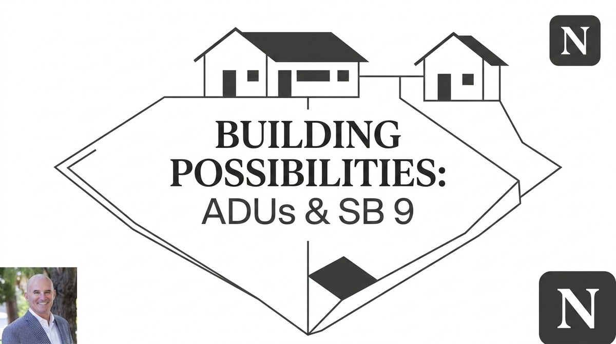 A diagram shows a main house and an ADU on a lot, with text "BUILDING POSSIBILITIES: ADUs & SB 9".