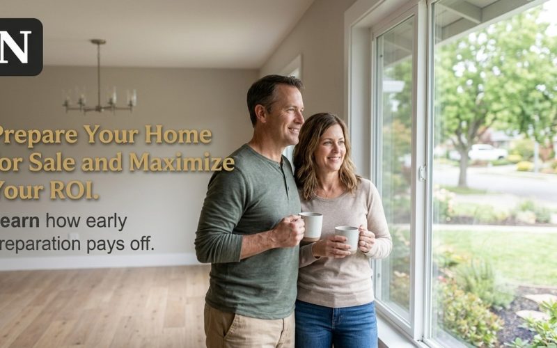 A smiling couple holding mugs stands in an empty room, looking out a large window at a suburban street.