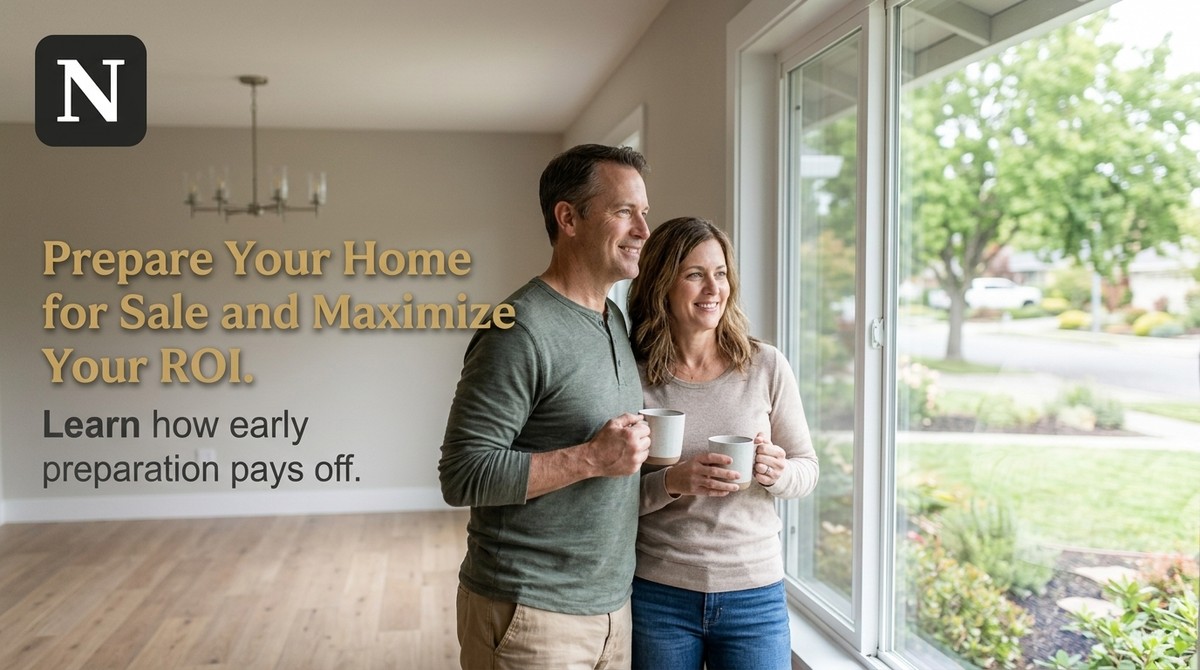 A smiling couple holding mugs stands in an empty room, looking out a large window at a suburban street.