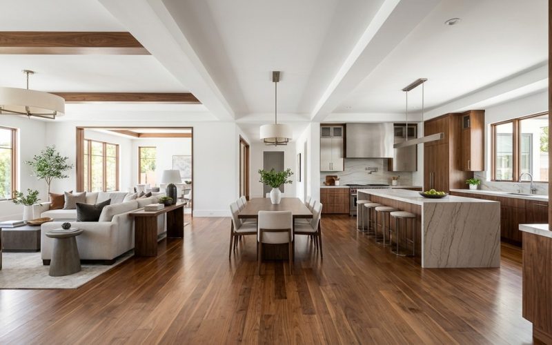 An open-concept living room, dining room, and kitchen with wood floors and white walls.