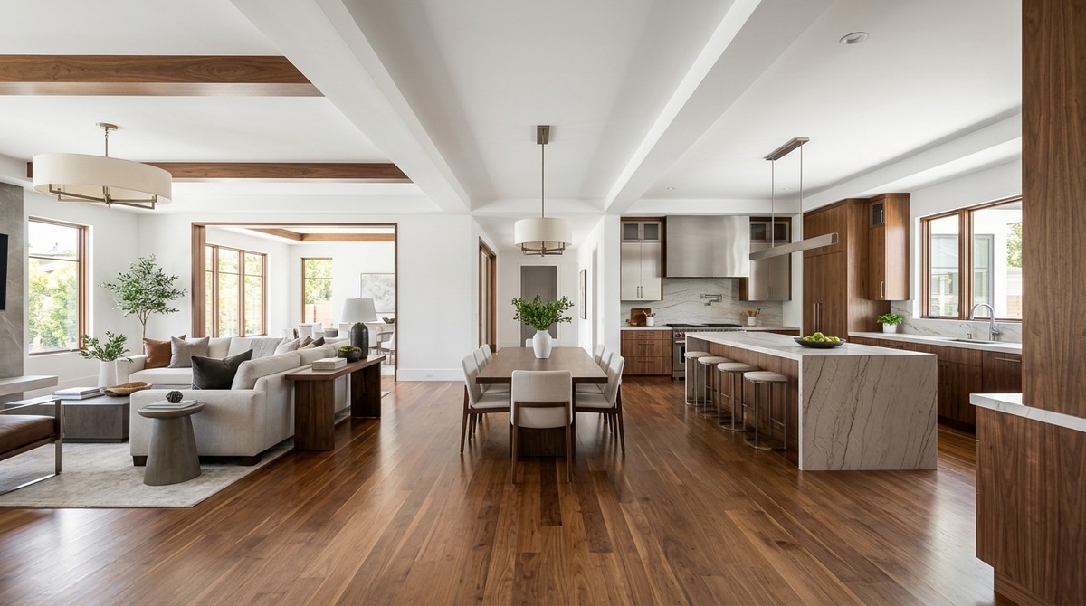 An open-concept living room, dining room, and kitchen with wood floors and white walls.