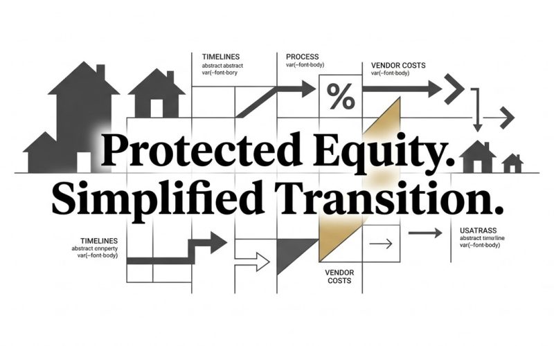 Diagram showing a process flow with houses, arrows, and text: "Protected Equity. Simplified Transition.
