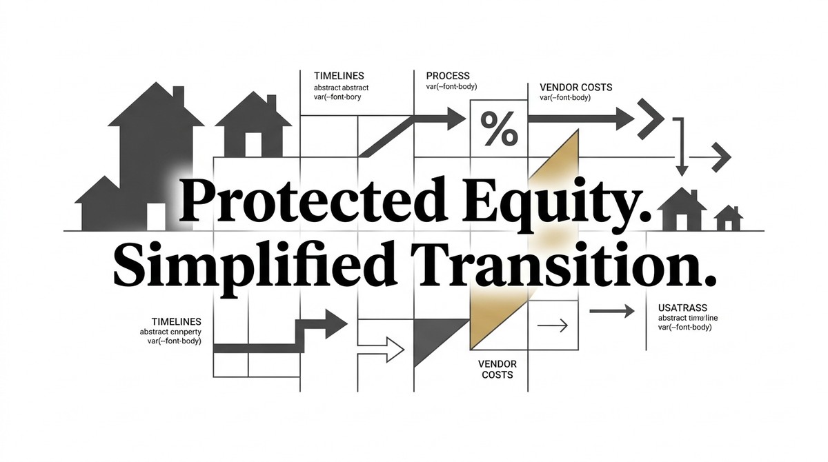 Diagram showing a process flow with houses, arrows, and text: "Protected Equity. Simplified Transition.