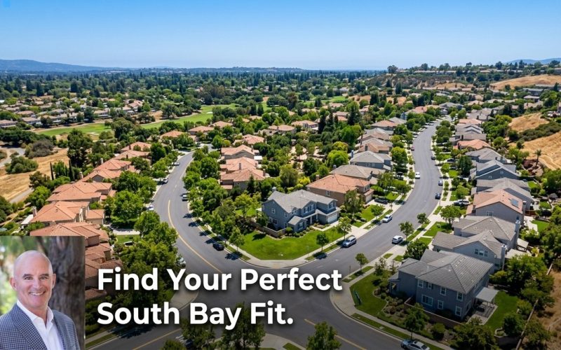 Aerial view of South Bay neighborhoods with winding streets, houses, green trees, and a smiling man in a suit.