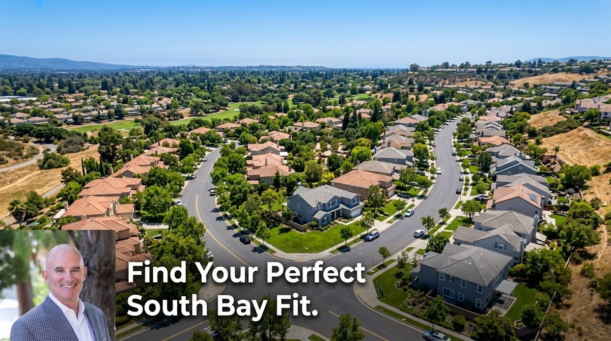 Aerial view of South Bay neighborhoods with winding streets, houses, green trees, and a smiling man in a suit.