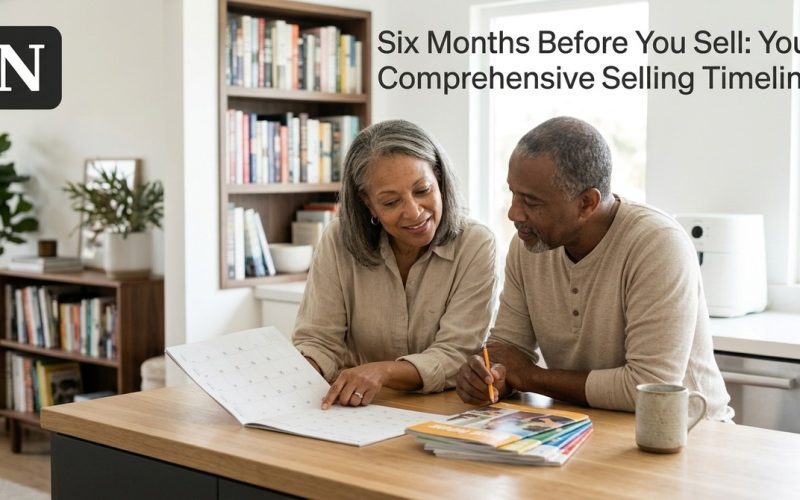 An older couple looks at a calendar, planning their selling a home timeline. Bookshelves are in the background.