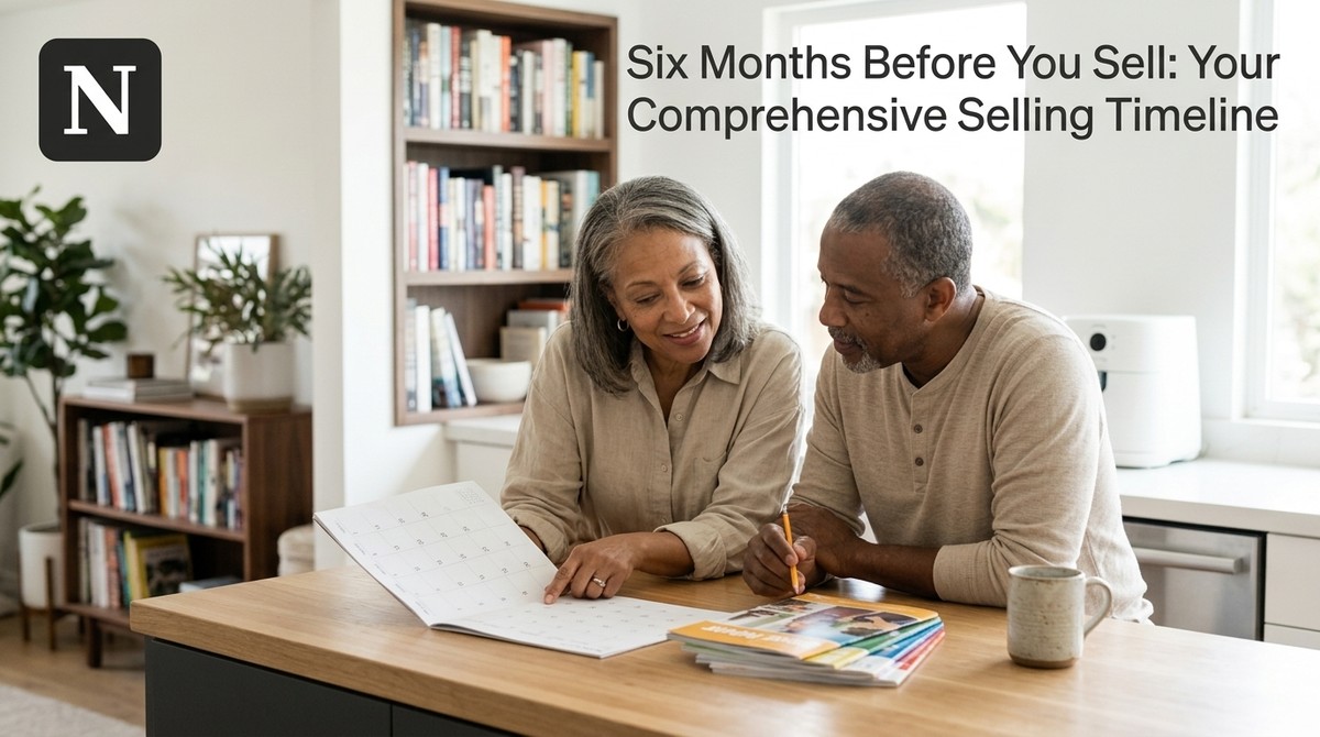 An older couple looks at a calendar, planning their selling a home timeline. Bookshelves are in the background.