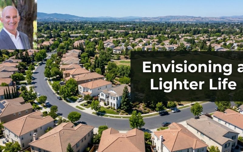 Aerial view of a Silicon Valley neighborhood with many houses, green trees, and a man smiling in the corner.