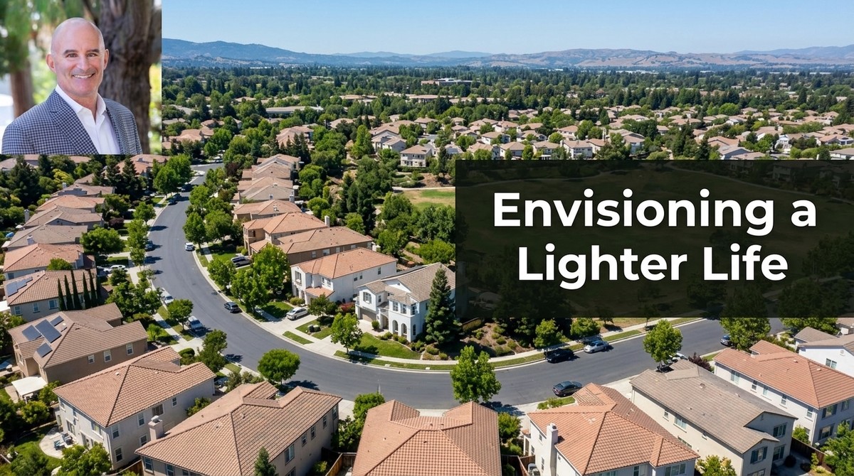Aerial view of a Silicon Valley neighborhood with many houses, green trees, and a man smiling in the corner.