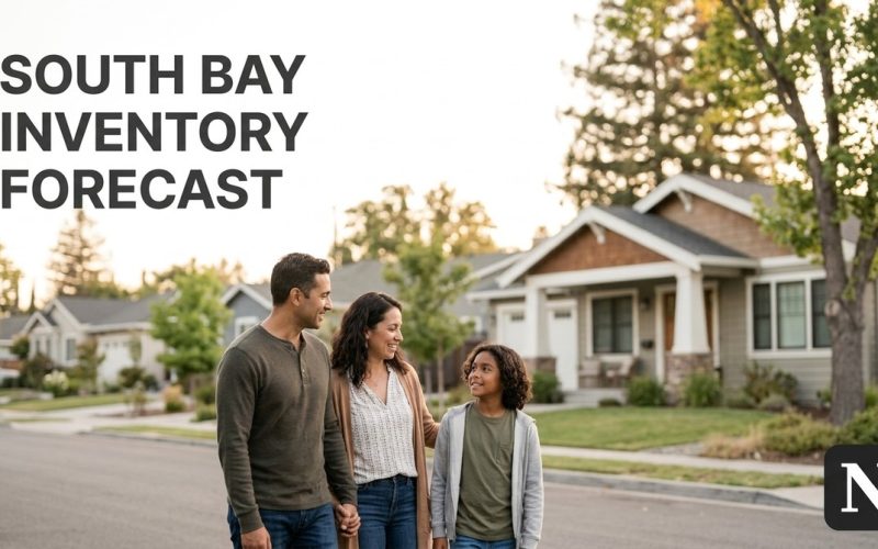 A family of three walks down a street with suburban homes and trees. Text: SOUTH BAY INVENTORY FORECAST.