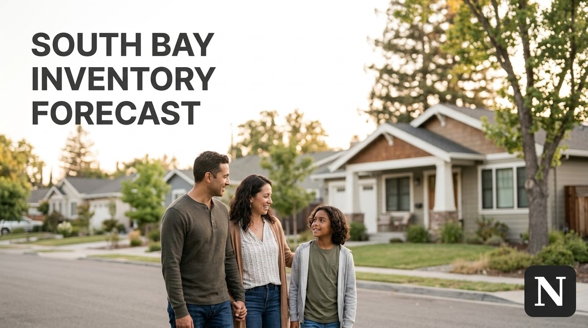 A family of three walks down a street with suburban homes and trees. Text: SOUTH BAY INVENTORY FORECAST.
