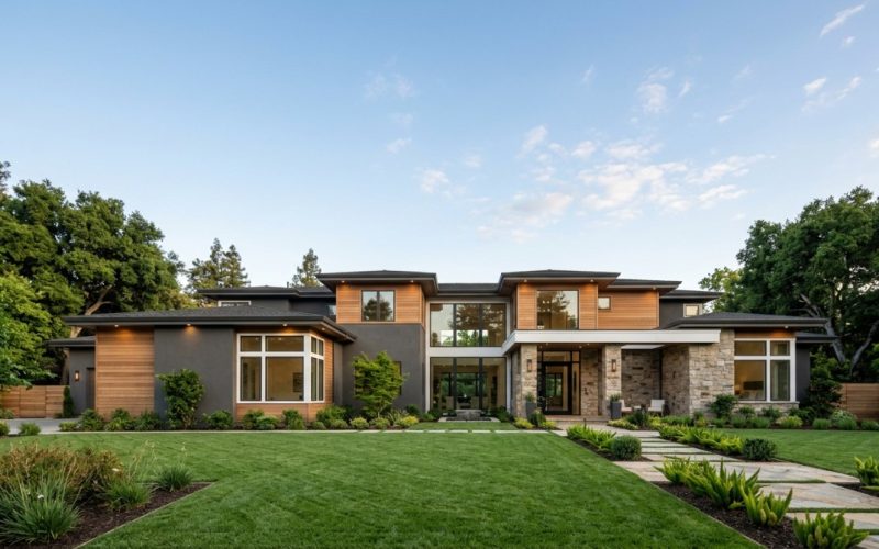 Modern South Bay home with dark gray and wood siding, stone accents, a lush green lawn, and trees.