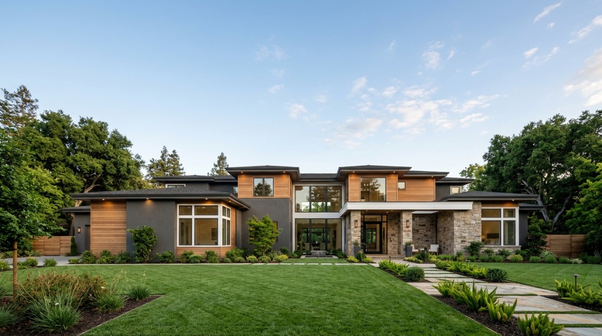 Modern South Bay home with dark gray and wood siding, stone accents, a lush green lawn, and trees.
