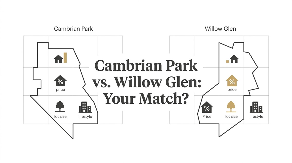 Maps of Cambrian Park vs Willow Glen with icons for home, price, lot size, and lifestyle.