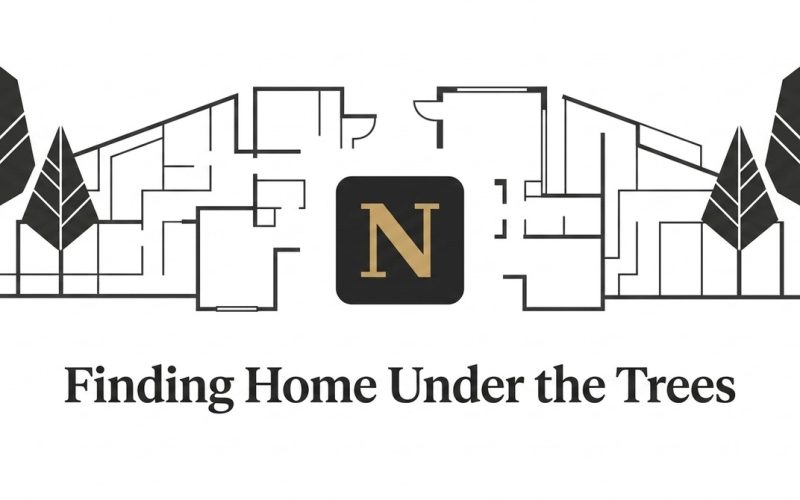Floor plans of two homes with trees on either side, and a logo with a golden "N" in the center.