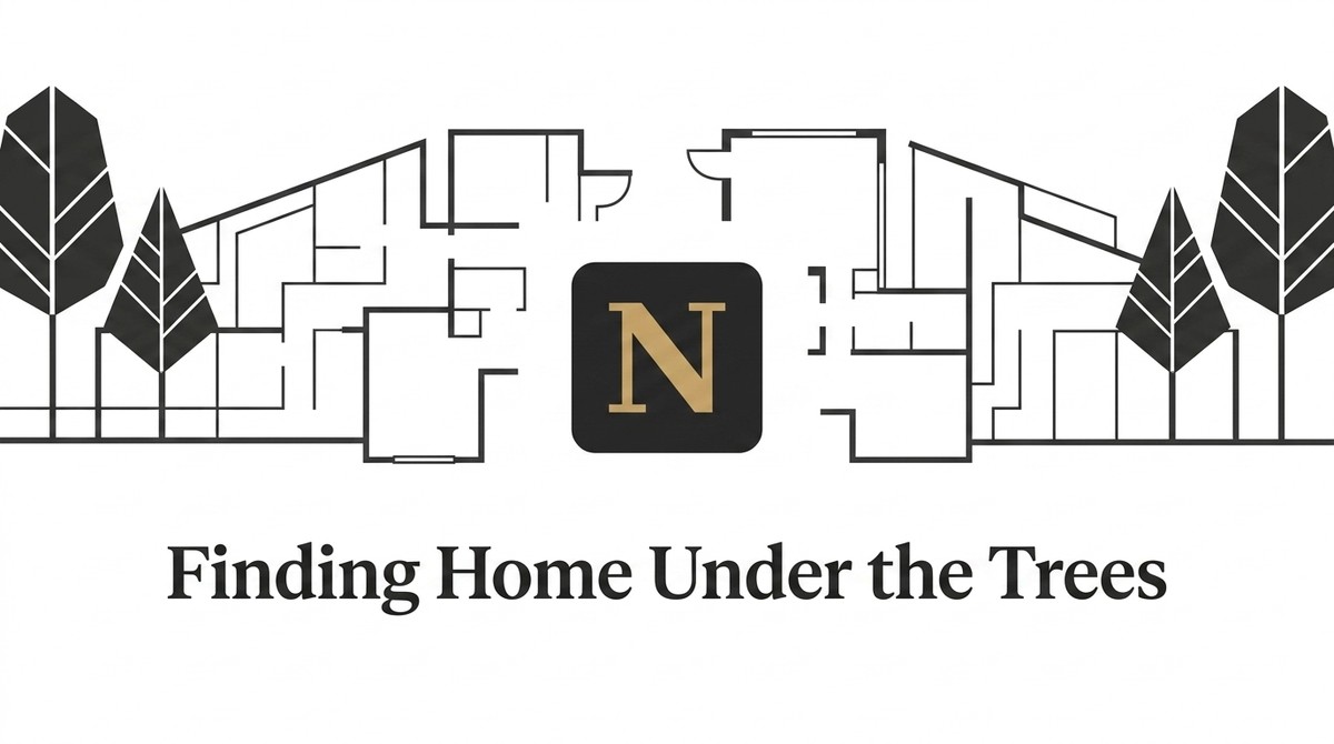 Floor plans of two homes with trees on either side, and a logo with a golden "N" in the center.