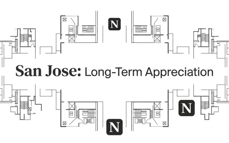 Architectural floor plans and "San Jose: Long-Term Appreciation" text on a white background.