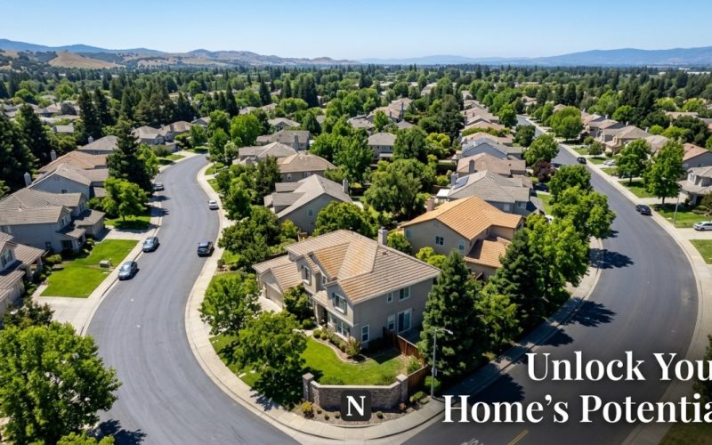 Aerial view of a South Bay residential neighborhood with houses, green trees, winding streets, and distant hills.