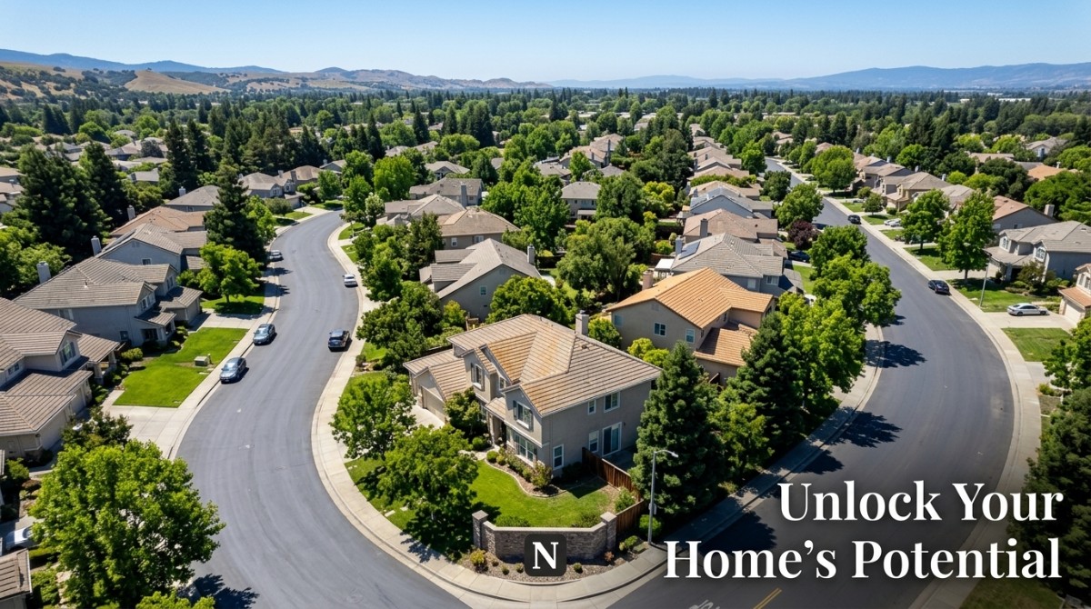 Aerial view of a South Bay residential neighborhood with houses, green trees, winding streets, and distant hills.
