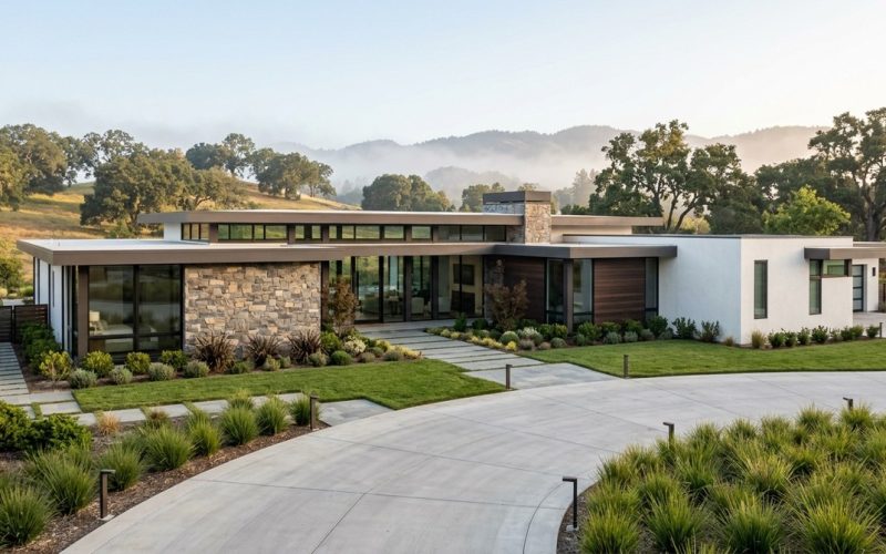 Modern Bay Area 1031 exchange home with stone and wood accents, a concrete driveway, and misty hills.