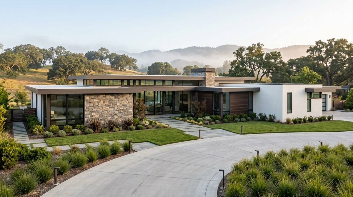 Modern Bay Area 1031 exchange home with stone and wood accents, a concrete driveway, and misty hills.