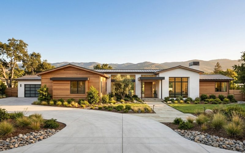 Modern home with wood and white siding, a paved driveway, and landscaped yard against a mountain backdrop.