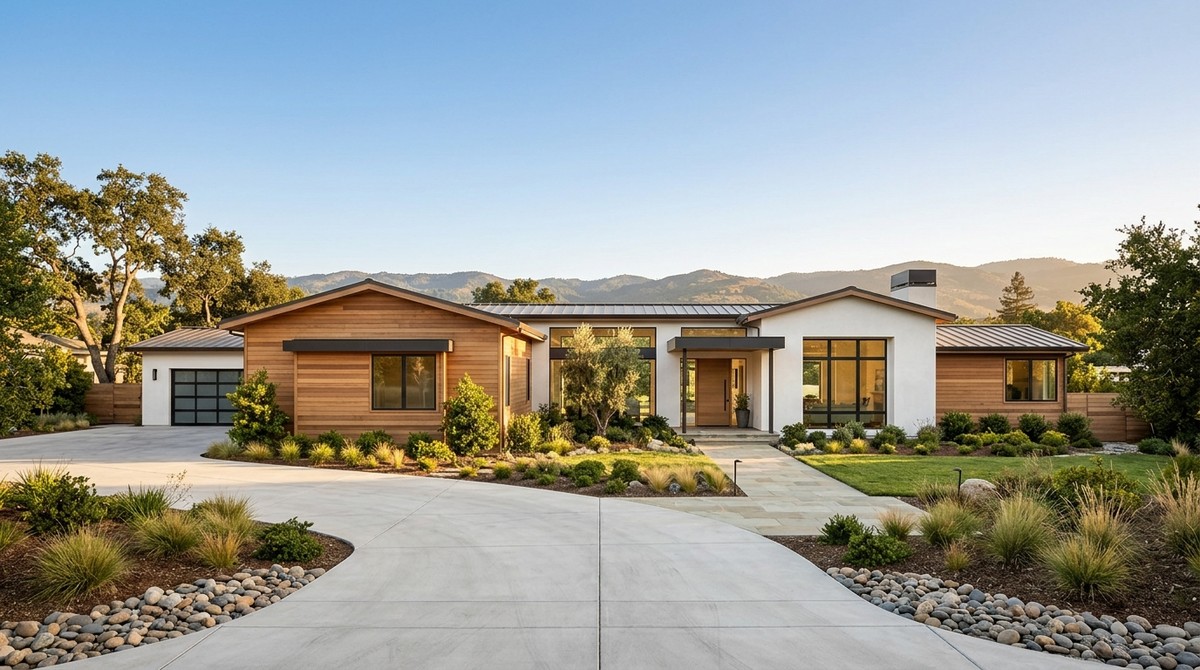 Modern home with wood and white siding, a paved driveway, and landscaped yard against a mountain backdrop.