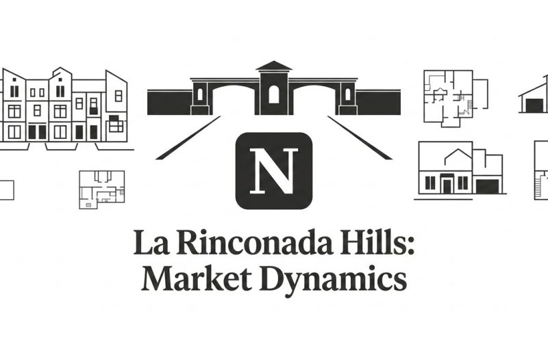Black and white icons of townhomes, houses, floor plans, and a gated entrance with an "N" logo.