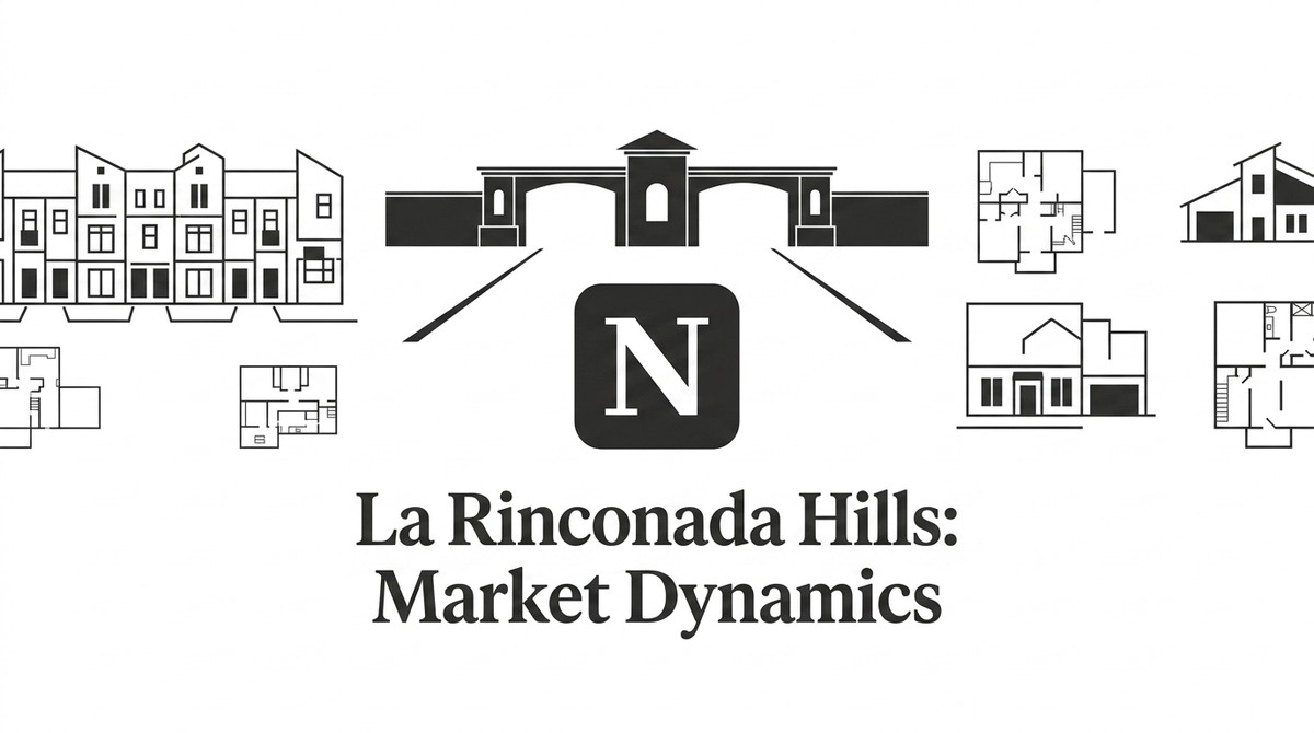Black and white icons of townhomes, houses, floor plans, and a gated entrance with an "N" logo.