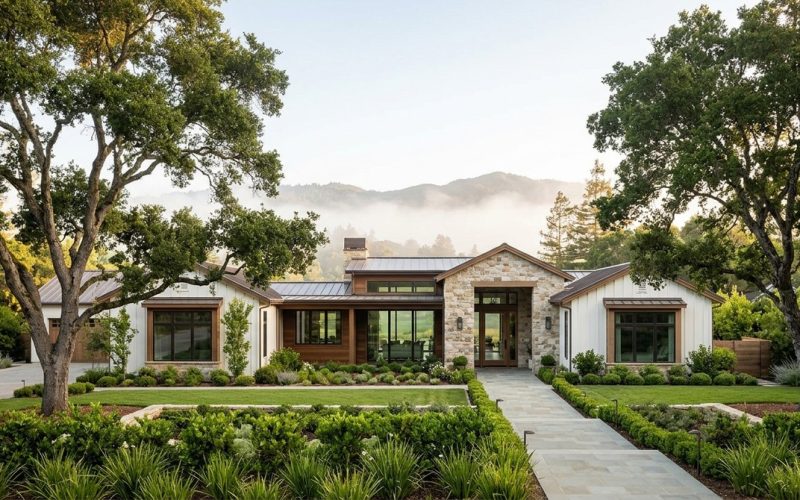 A modern Los Gatos and Saratoga luxury home with stone and white siding, lush landscaping, and misty mountains.