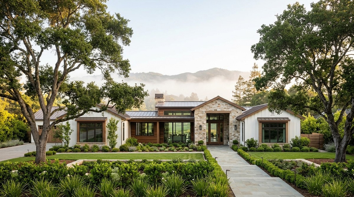 A modern Los Gatos and Saratoga luxury home with stone and white siding, lush landscaping, and misty mountains.