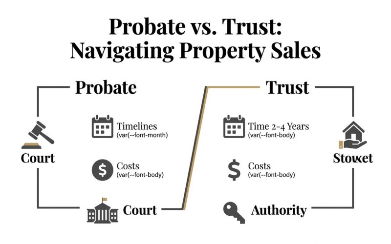 Infographic comparing probate vs trust property sales, showing court, timelines, costs, and authority.