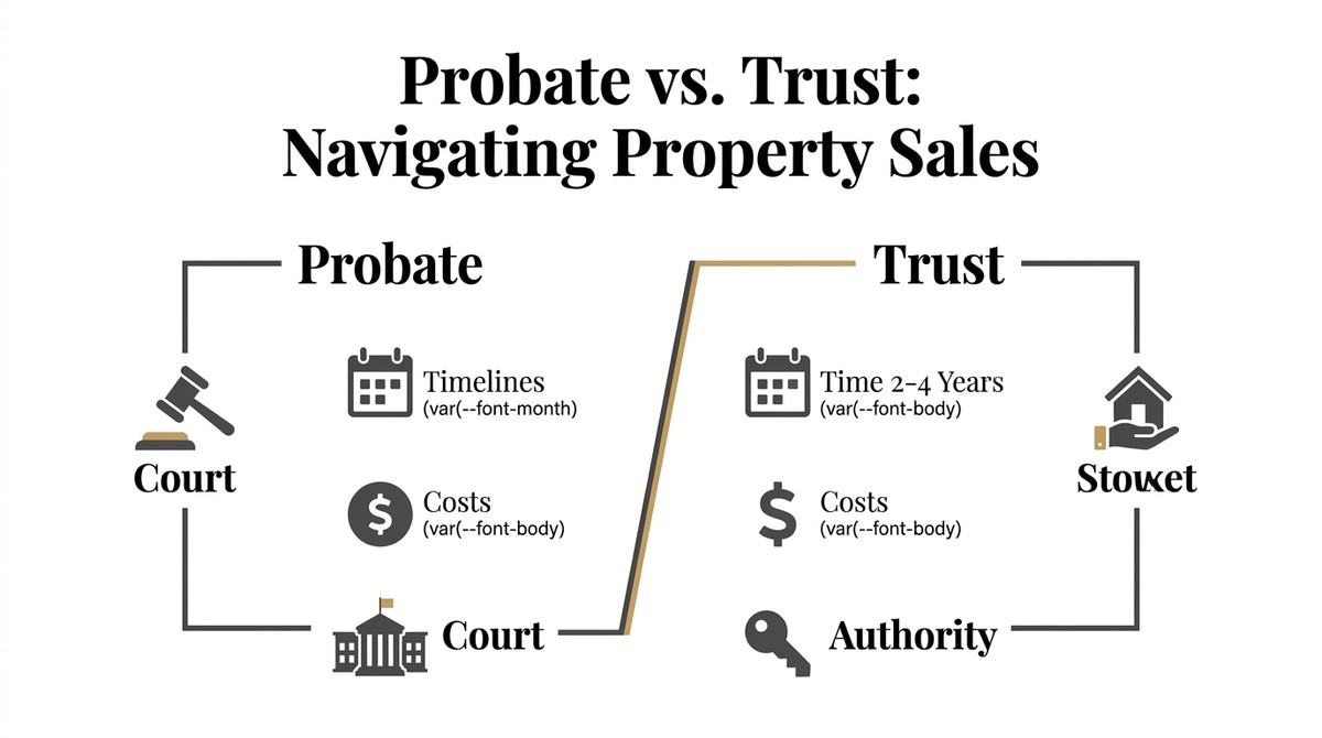 Infographic comparing probate vs trust property sales, showing court, timelines, costs, and authority.