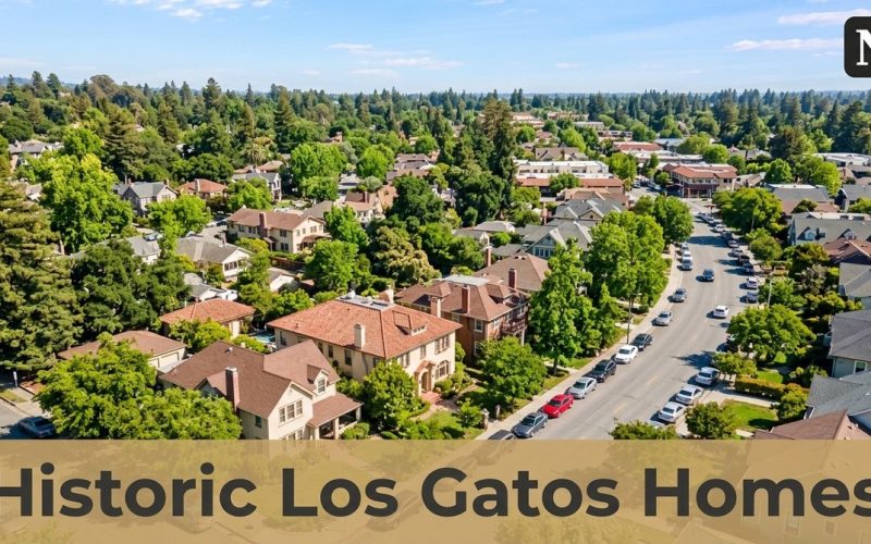 Aerial view of Los Gatos historic homes, a tree-lined street with cars, and residential neighborhoods.