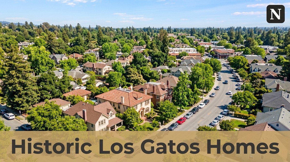 Aerial view of Los Gatos historic homes, a tree-lined street with cars, and residential neighborhoods.