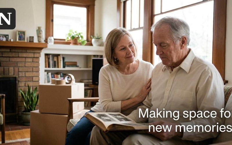 A couple sits in a living room with moving boxes. The woman looks at the man, who holds a photo album.