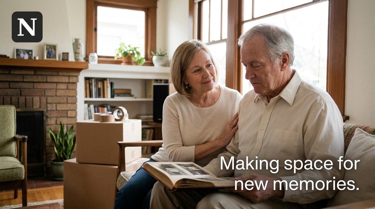 A couple sits in a living room with moving boxes. The woman looks at the man, who holds a photo album.