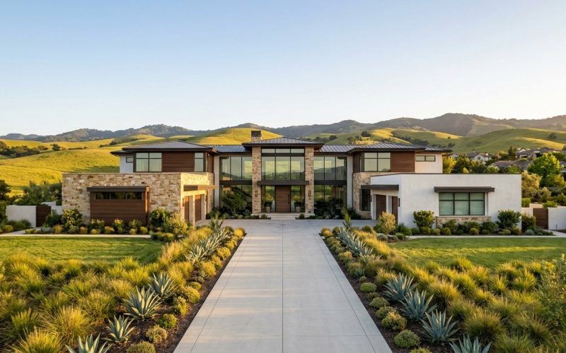 Modern luxury home with stone and wood accents, a long driveway, and green hills in the background.