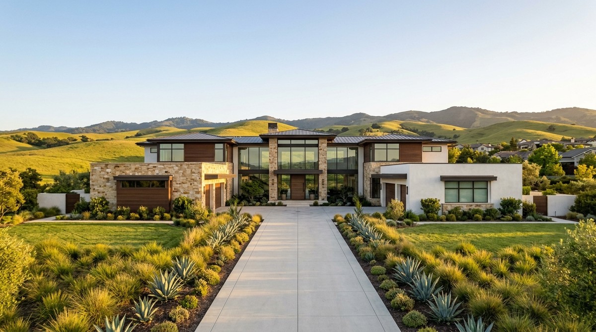 Modern luxury home with stone and wood accents, a long driveway, and green hills in the background.