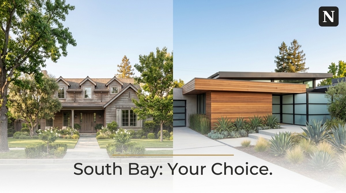 A split image showing a traditional shingle-style home on the left and a modern wood-paneled home on the right.