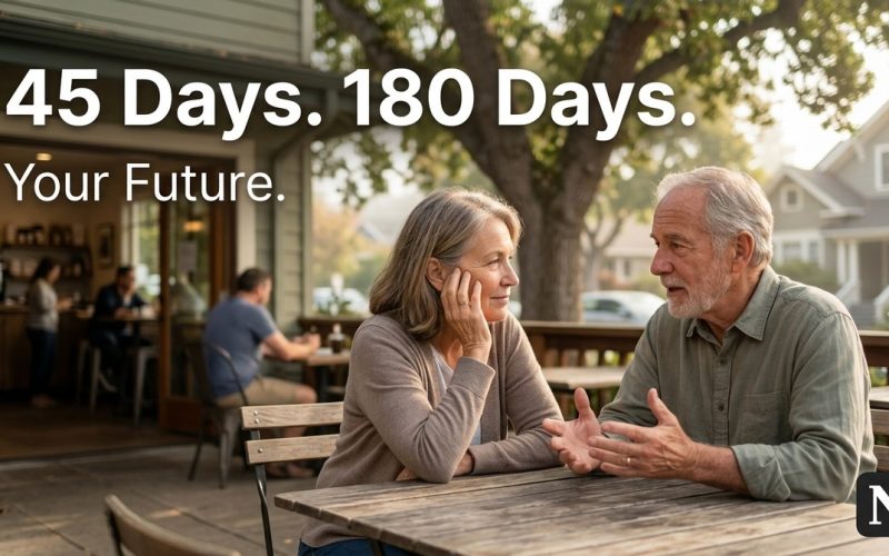 A senior couple discusses 1031 exchanges Bay Area timelines at an outdoor cafe. Text: "45 Days. 180 Days. Your Future.
