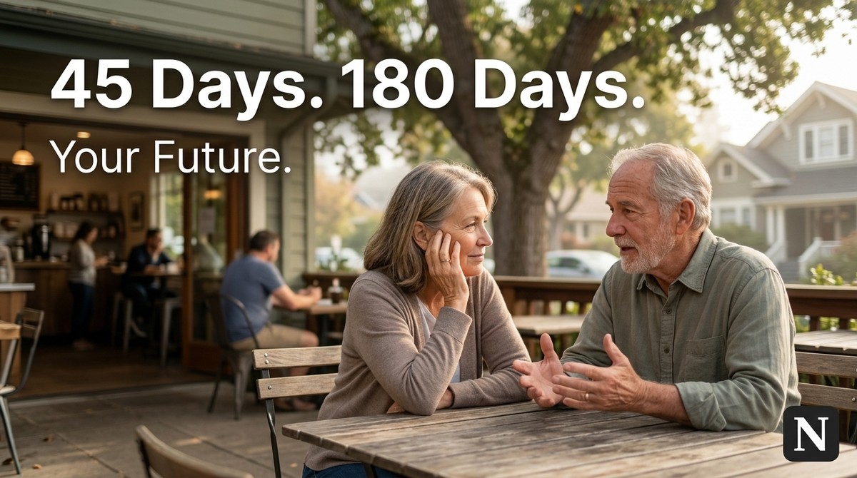 A senior couple discusses 1031 exchanges Bay Area timelines at an outdoor cafe. Text: "45 Days. 180 Days. Your Future.
