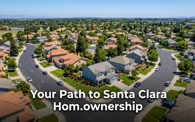 Aerial view of a suburban neighborhood with houses, green lawns, and trees along a curved street.