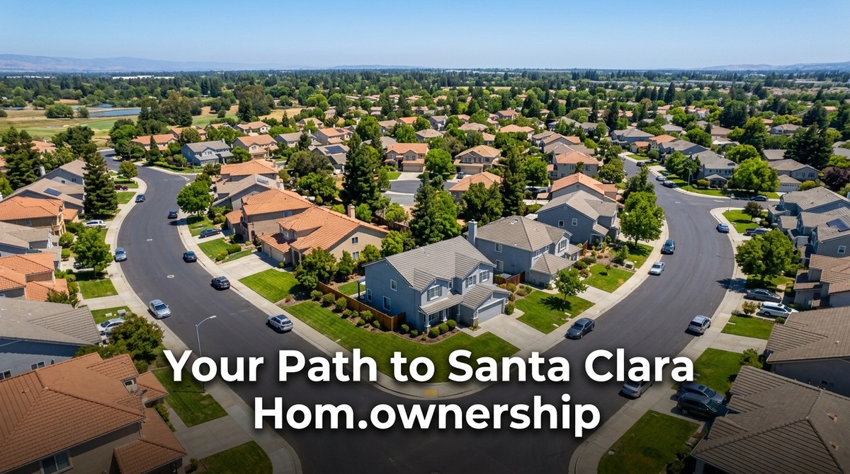 Aerial view of a suburban neighborhood with houses, green lawns, and trees along a curved street.