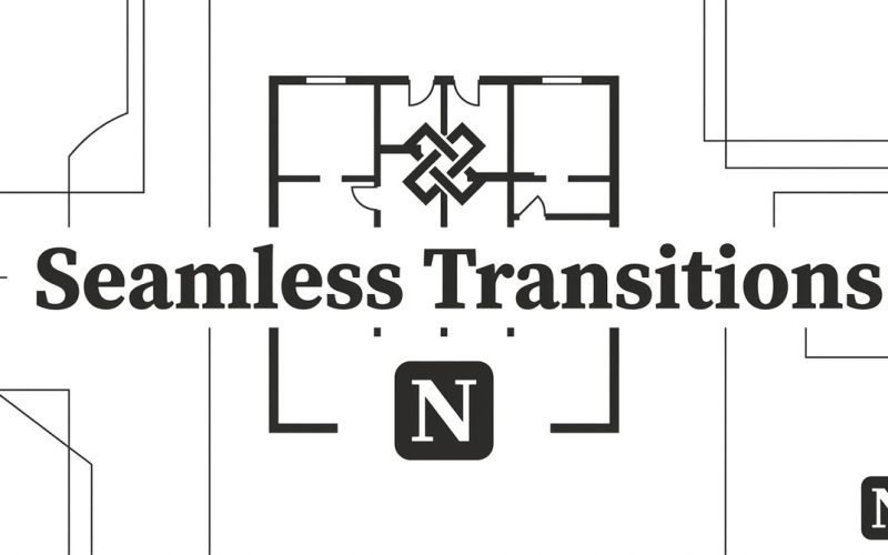 Floor plan graphic with two rooms connected by a Celtic knot, above "Seamless Transitions" text and an "N" logo.