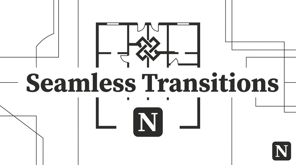 Floor plan graphic with two rooms connected by a Celtic knot, above "Seamless Transitions" text and an "N" logo.