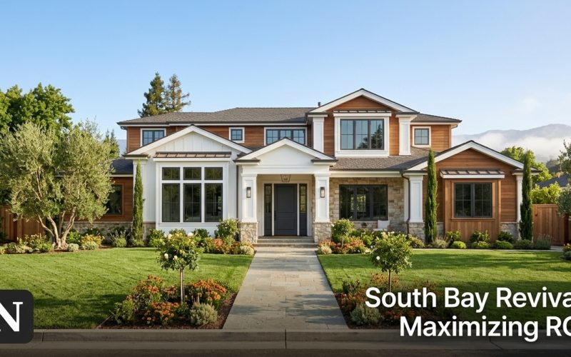 A large, renovated South Bay fixer-upper home with white and wood siding, a green lawn, and landscaping.