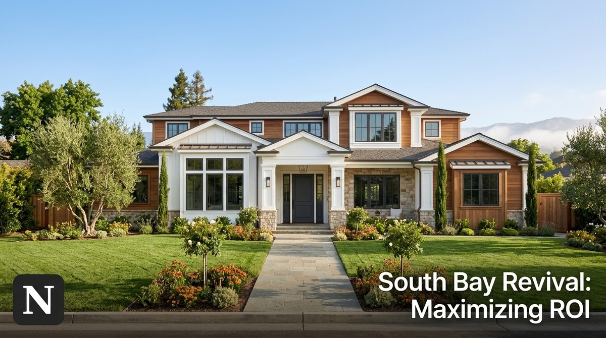 A large, renovated South Bay fixer-upper home with white and wood siding, a green lawn, and landscaping.