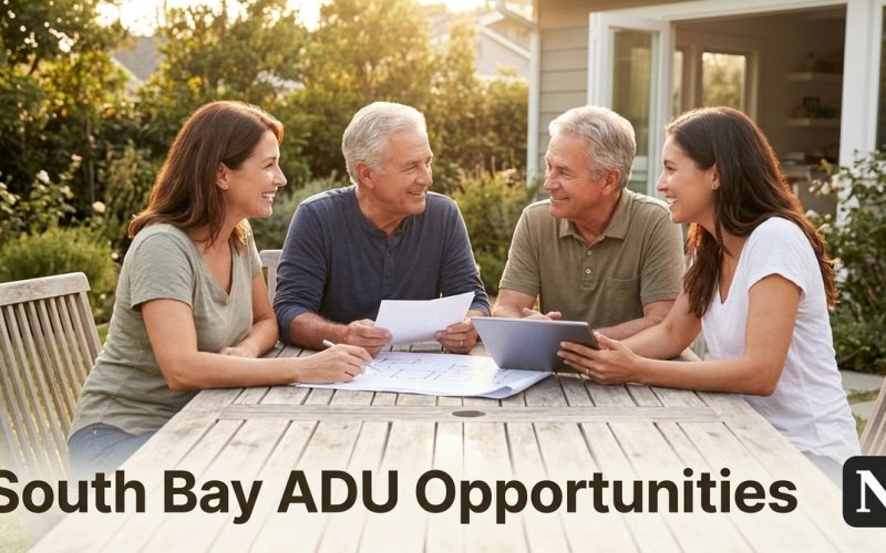 Four people discuss South Bay ADU rules at an outdoor table with blueprints, a tablet, and papers.