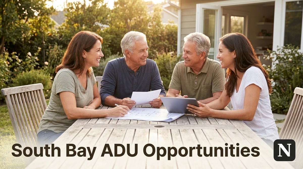 Four people discuss South Bay ADU rules at an outdoor table with blueprints, a tablet, and papers.
